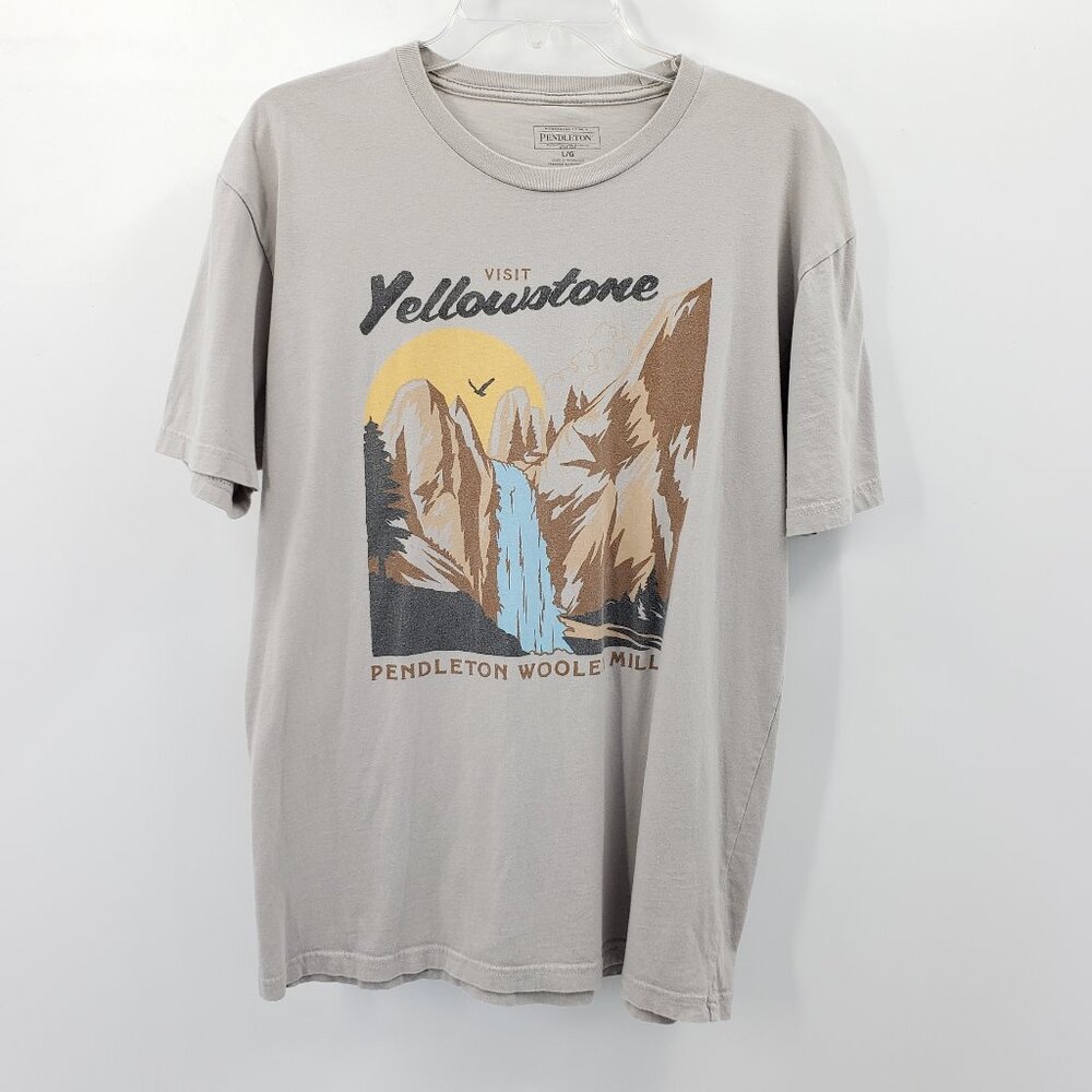 Pendleton Visit Yellowstone Graphic T-Shirt Size L Taupe Gray Waterfall Mountain
